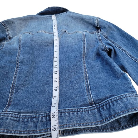 Celebrity Pink Distressed Denim Jacket Button Up Rollable Sleeve Womans Small - Picture 11 of 13